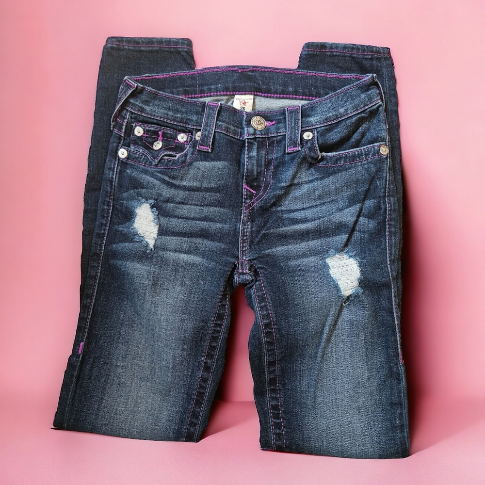 ✨️TRUE RELIGION DARK DENIM DISTRESSED LOW RISE SKINNY JEANS SZ 26✨️